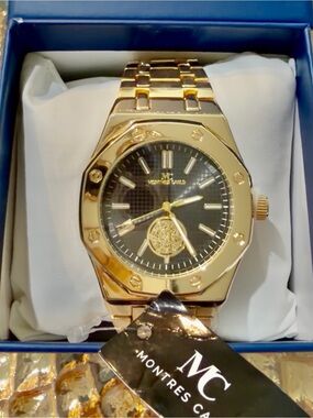 Montres Carlo Gold Tone Watch with Black Dial